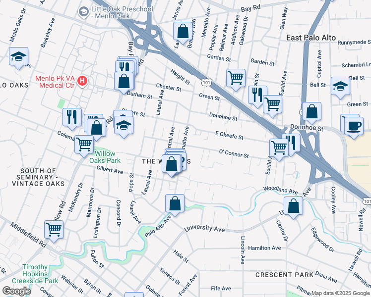 map of restaurants, bars, coffee shops, grocery stores, and more near in Menlo Park