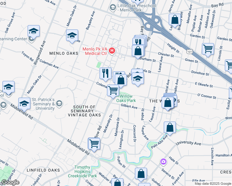 map of restaurants, bars, coffee shops, grocery stores, and more near 497 Willow Road in Menlo Park