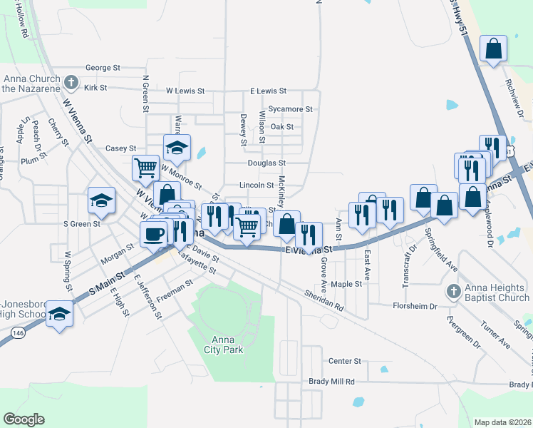map of restaurants, bars, coffee shops, grocery stores, and more near 310 East Chestnut Street in Anna