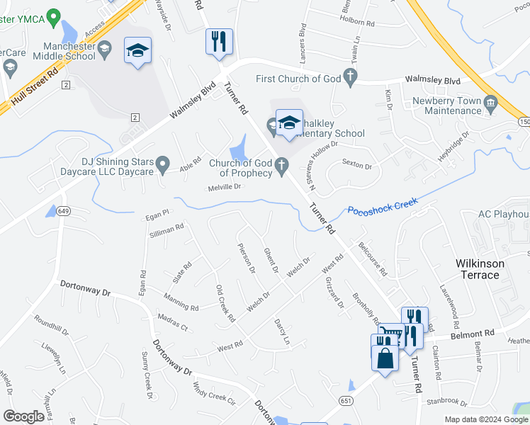map of restaurants, bars, coffee shops, grocery stores, and more near 3612 Ghent Court in Chesterfield