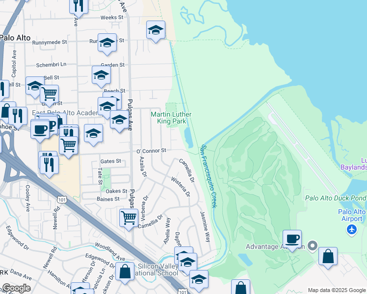 map of restaurants, bars, coffee shops, grocery stores, and more near 1169 O' Connor Street in East Palo Alto