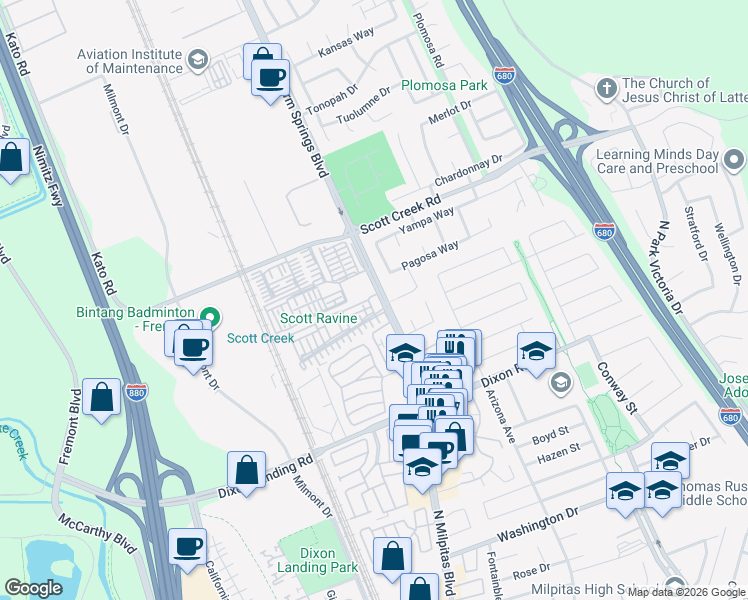map of restaurants, bars, coffee shops, grocery stores, and more near 49080 Meadowfaire Common in Fremont