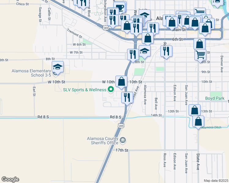 map of restaurants, bars, coffee shops, grocery stores, and more near 1301 West 11th Street in Alamosa