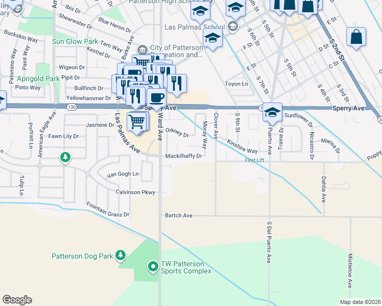 map of restaurants, bars, coffee shops, grocery stores, and more near 834 Mackilhaffy Drive in Patterson