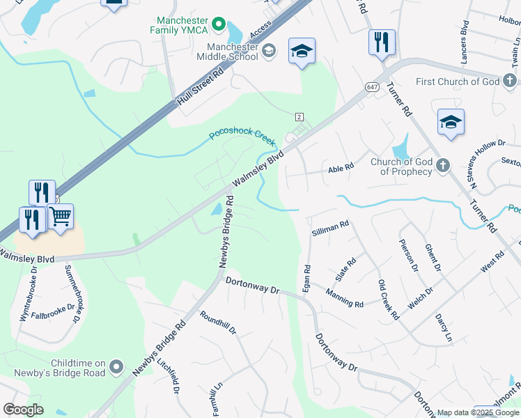 map of restaurants, bars, coffee shops, grocery stores, and more near 7402 Newbys Court in Chesterfield