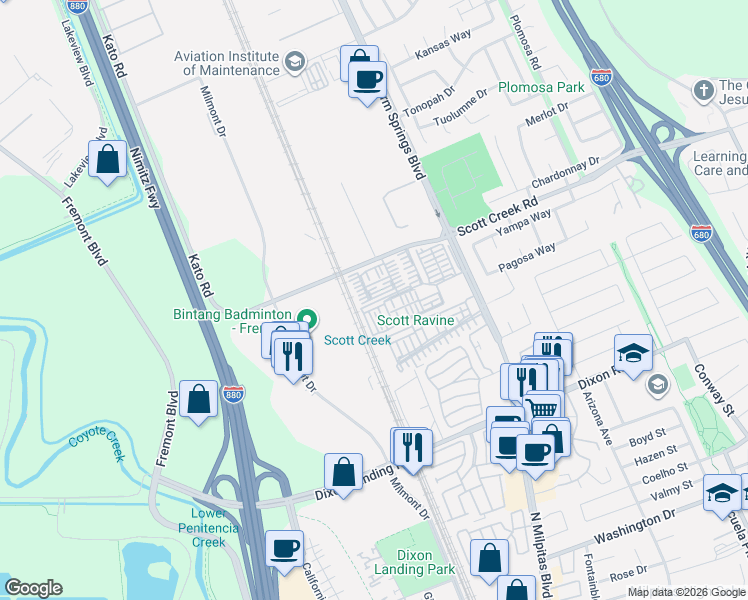 map of restaurants, bars, coffee shops, grocery stores, and more near 48993 Tassel Fern Common in Fremont