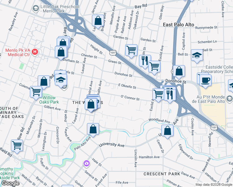 map of restaurants, bars, coffee shops, grocery stores, and more near 244 O' Connor Street in Menlo Park