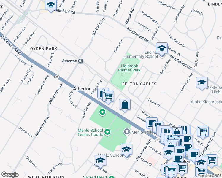 map of restaurants, bars, coffee shops, grocery stores, and more near 192 Spruce Avenue in Menlo Park