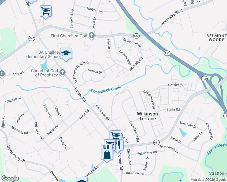 map of restaurants, bars, coffee shops, grocery stores, and more near 6013 Bluffwood Court in Chesterfield County