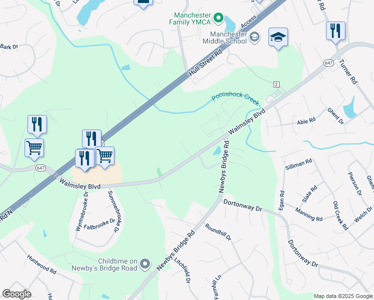 map of restaurants, bars, coffee shops, grocery stores, and more near 7704 Walmsley Boulevard in Richmond