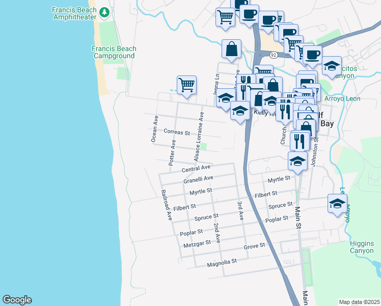 map of restaurants, bars, coffee shops, grocery stores, and more near 336 Valdez Avenue in Half Moon Bay
