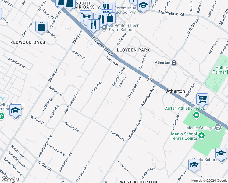 map of restaurants, bars, coffee shops, grocery stores, and more near 45 Almendral Avenue in Atherton