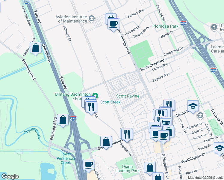 map of restaurants, bars, coffee shops, grocery stores, and more near 599 Ginkgo Terrace in Fremont