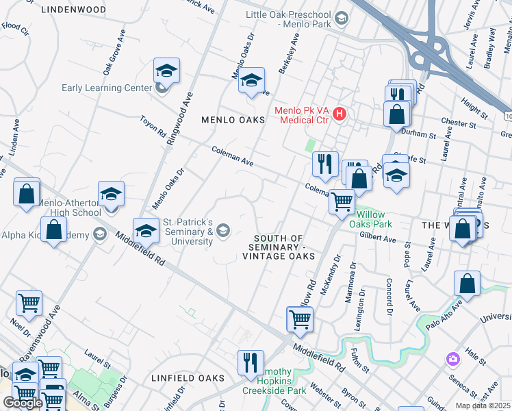 map of restaurants, bars, coffee shops, grocery stores, and more near 1 Pepperwood Court in Menlo Park