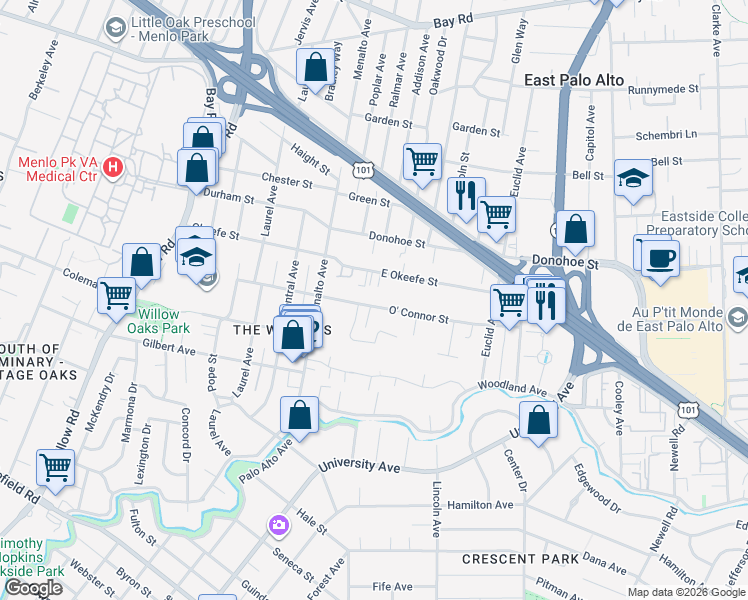 map of restaurants, bars, coffee shops, grocery stores, and more near 244 O' Connor Street in Menlo Park