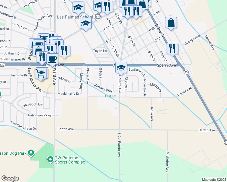 map of restaurants, bars, coffee shops, grocery stores, and more near Kinshire Way & Agadoni Court in Patterson