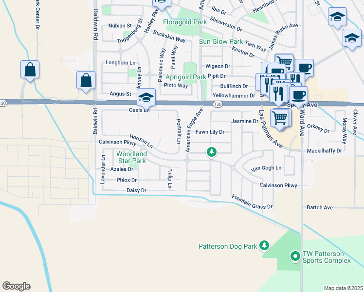 map of restaurants, bars, coffee shops, grocery stores, and more near 1303 Horizon Lane in Patterson