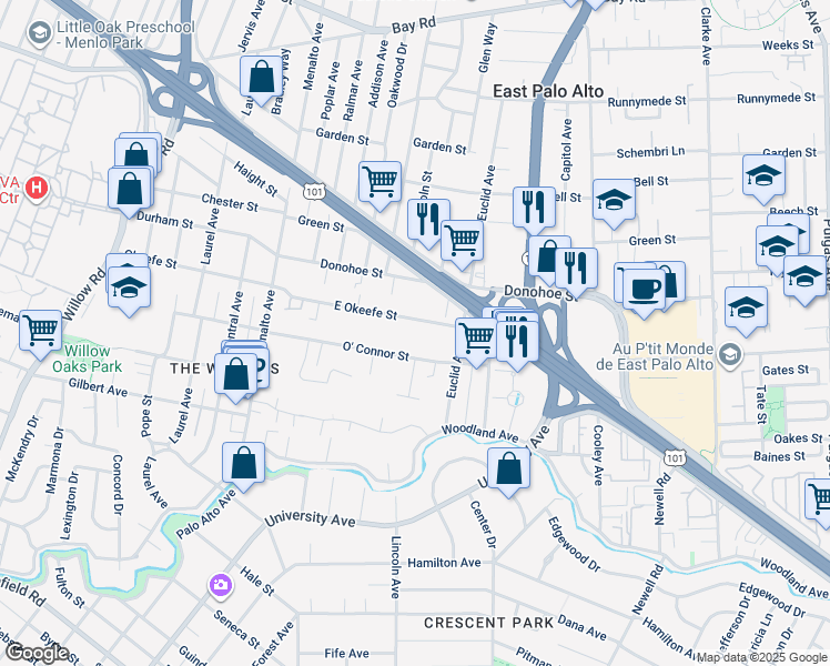 map of restaurants, bars, coffee shops, grocery stores, and more near 433 O' Connor Street in Menlo Park