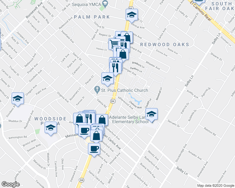 map of restaurants, bars, coffee shops, grocery stores, and more near 43 Atherwood Avenue in Redwood City
