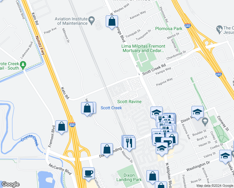 map of restaurants, bars, coffee shops, grocery stores, and more near 550 Palo Verde Common in Fremont