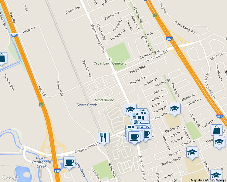 map of restaurants, bars, coffee shops, grocery stores, and more near 49001 Meadowfaire Common in Fremont
