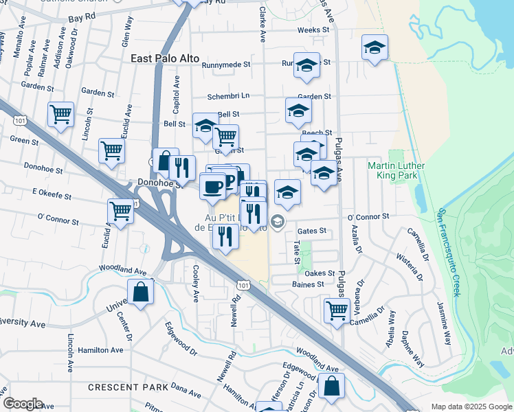 map of restaurants, bars, coffee shops, grocery stores, and more near O Connor Street in East Palo Alto