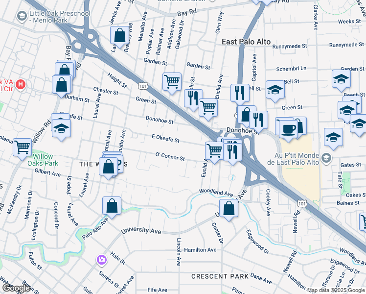 map of restaurants, bars, coffee shops, grocery stores, and more near 433 O' Connor Street in Menlo Park