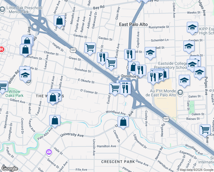 map of restaurants, bars, coffee shops, grocery stores, and more near 480 East Okeefe Street in East Palo Alto