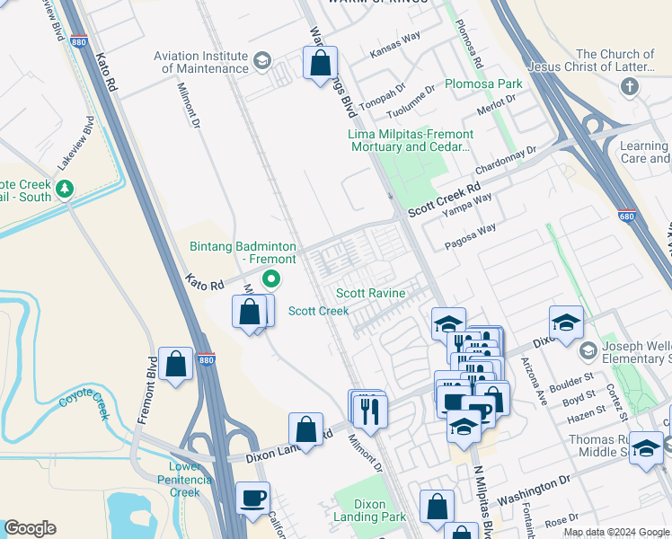 map of restaurants, bars, coffee shops, grocery stores, and more near 550 Palo Verde Common in Fremont