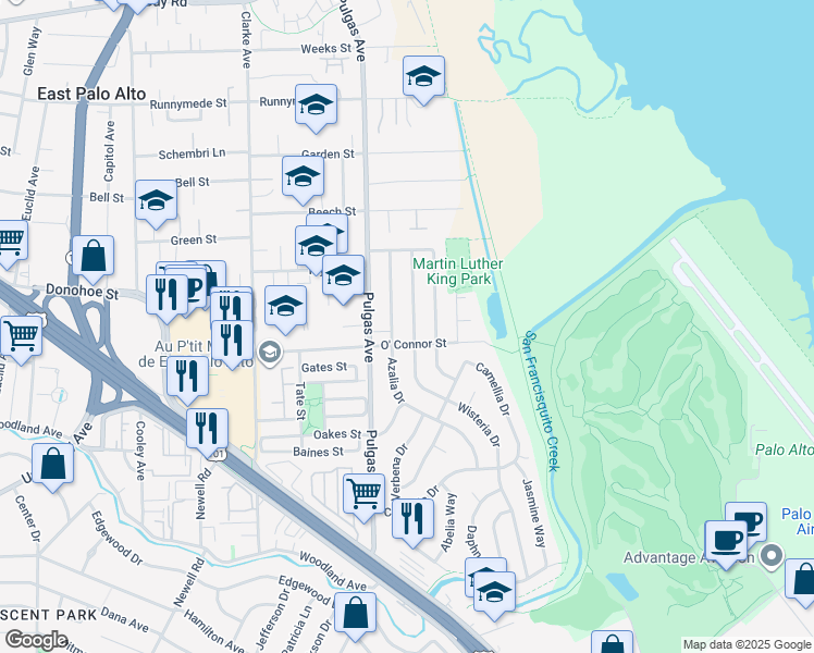 map of restaurants, bars, coffee shops, grocery stores, and more near 415 Wisteria Drive in East Palo Alto