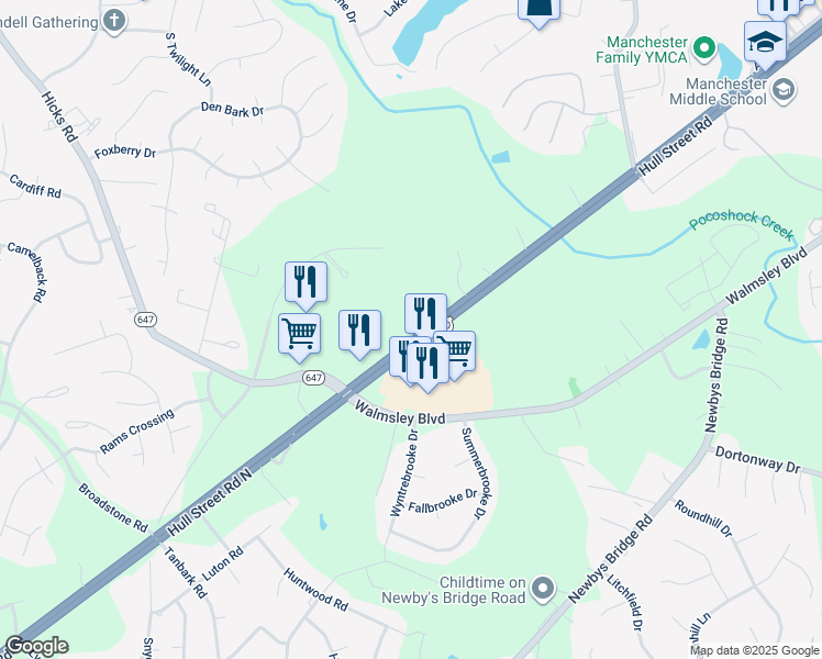 map of restaurants, bars, coffee shops, grocery stores, and more near 8200 Hull Street Road North in Richmond