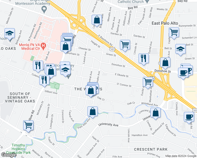 map of restaurants, bars, coffee shops, grocery stores, and more near 101 O' Connor Street in Menlo Park