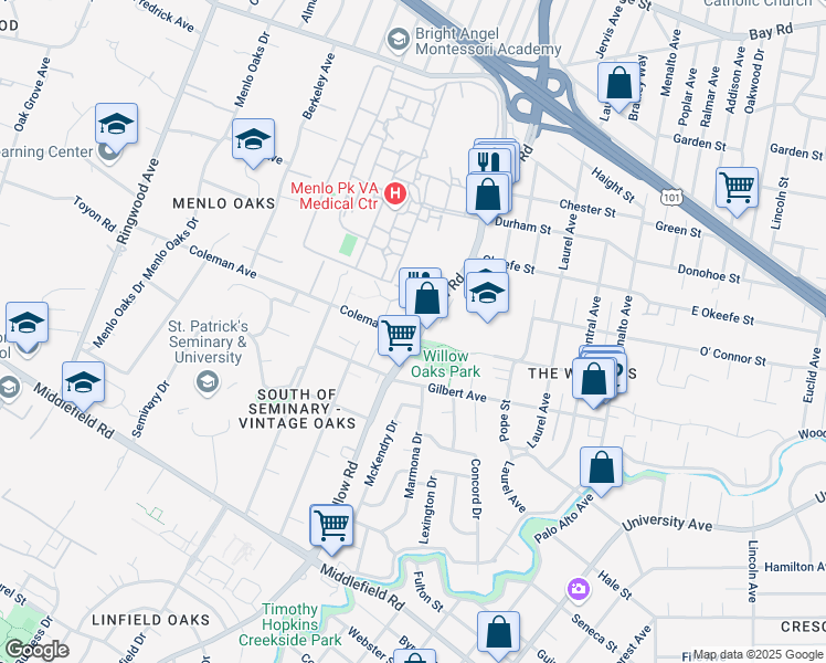 map of restaurants, bars, coffee shops, grocery stores, and more near 600 Coleman Avenue in Menlo Park