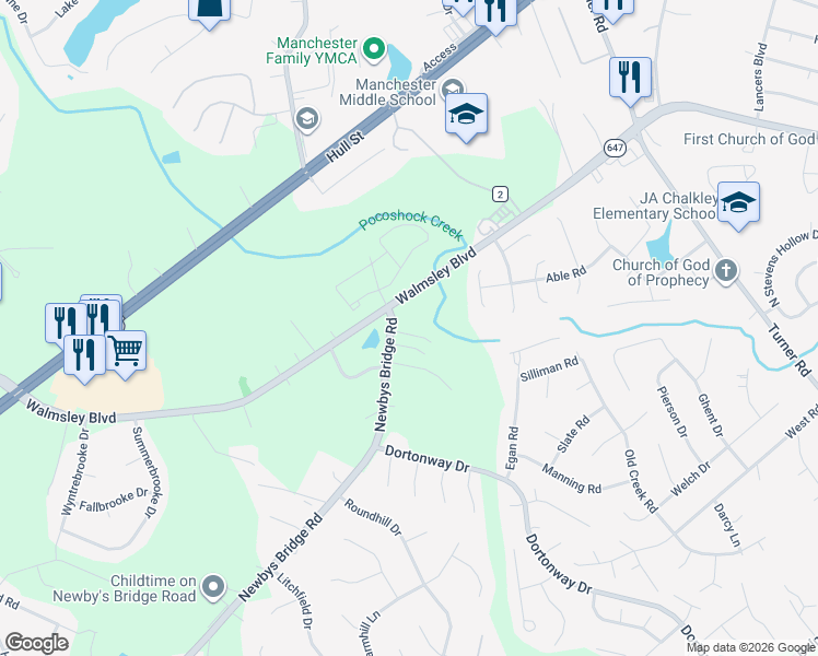 map of restaurants, bars, coffee shops, grocery stores, and more near 7415 Newbys Court in Chesterfield