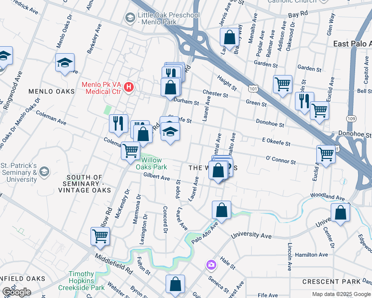 map of restaurants, bars, coffee shops, grocery stores, and more near 510 Pope Street in Menlo Park