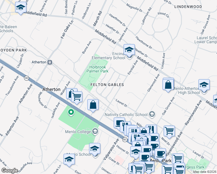 map of restaurants, bars, coffee shops, grocery stores, and more near 365 Arden Road in Menlo Park