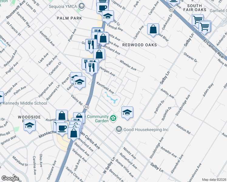 map of restaurants, bars, coffee shops, grocery stores, and more near 1931 Kentfield Avenue in Redwood City