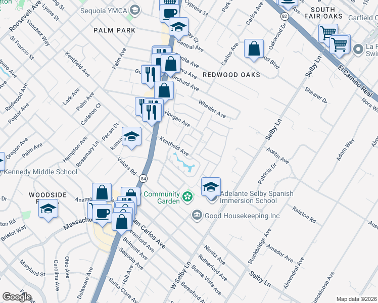 map of restaurants, bars, coffee shops, grocery stores, and more near 1931 Kentfield Avenue in Redwood City
