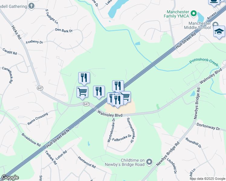 map of restaurants, bars, coffee shops, grocery stores, and more near 8200 Hull Street Road North in Richmond