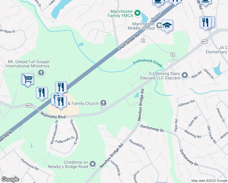 map of restaurants, bars, coffee shops, grocery stores, and more near 7702 Walmsley Boulevard in Richmond