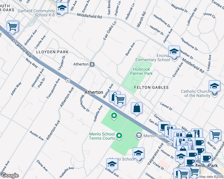 map of restaurants, bars, coffee shops, grocery stores, and more near 68 Walnut Avenue in Atherton