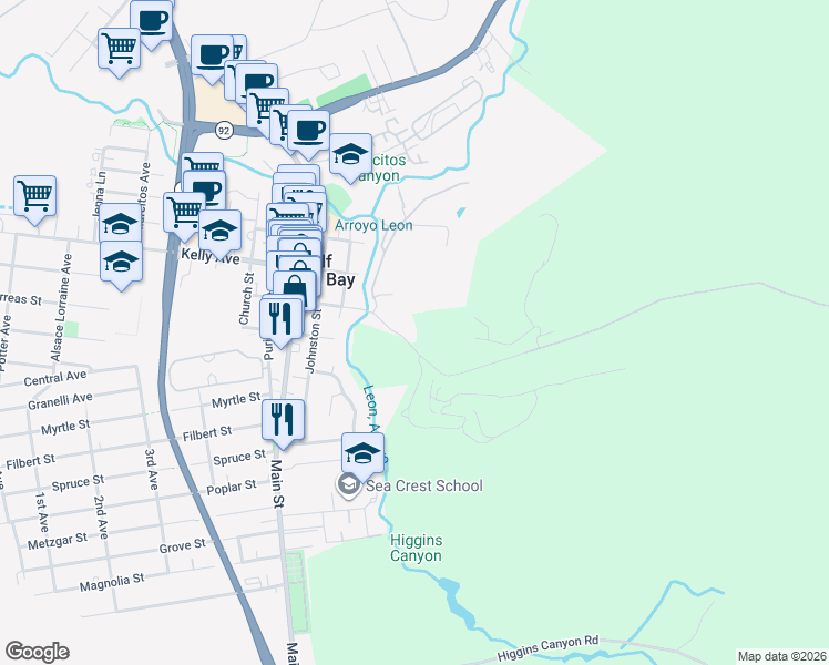 map of restaurants, bars, coffee shops, grocery stores, and more near 1009 Miramontes Street in Half Moon Bay