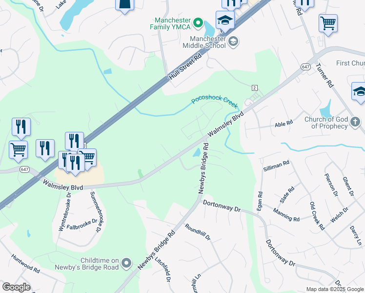 map of restaurants, bars, coffee shops, grocery stores, and more near 7630 Walmsley Boulevard in Richmond