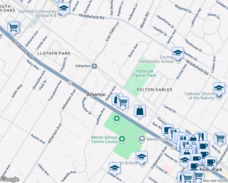 map of restaurants, bars, coffee shops, grocery stores, and more near 68 Walnut Avenue in Atherton
