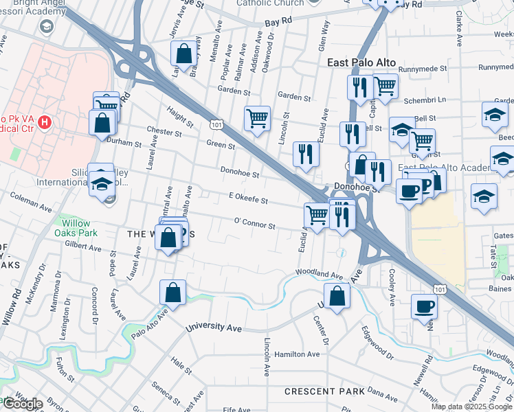 map of restaurants, bars, coffee shops, grocery stores, and more near 329 O' Connor Street in Menlo Park