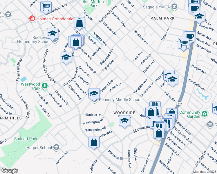 map of restaurants, bars, coffee shops, grocery stores, and more near 2443 Palm Avenue in Redwood City