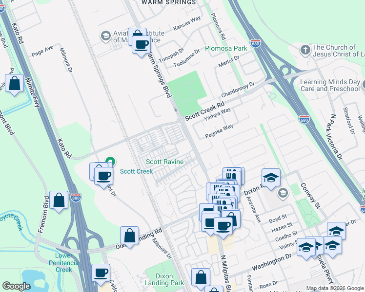 map of restaurants, bars, coffee shops, grocery stores, and more near 49002 Cinnamon Fern Common in Fremont