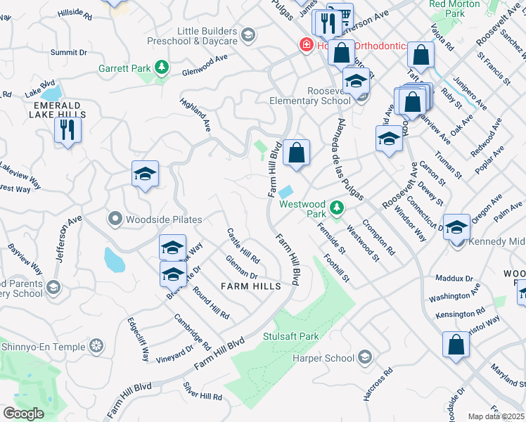 map of restaurants, bars, coffee shops, grocery stores, and more near 3622 Farm Hill Boulevard in Redwood City