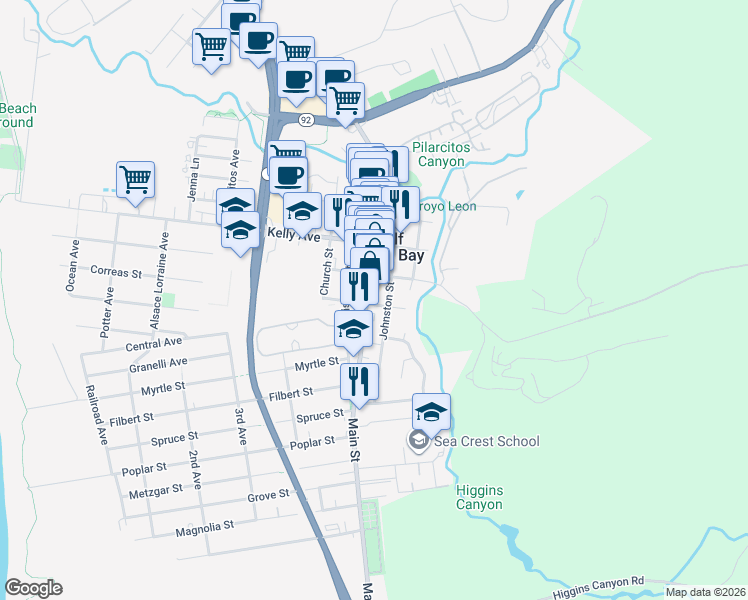 map of restaurants, bars, coffee shops, grocery stores, and more near 643 Main Street in Half Moon Bay