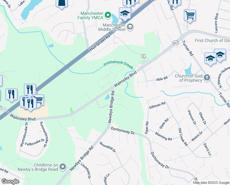 map of restaurants, bars, coffee shops, grocery stores, and more near 7418 Newbys Court in Chesterfield